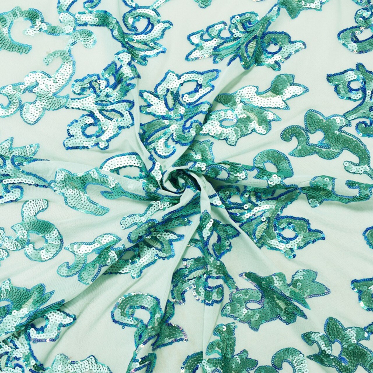 Teal-Blue Nylon Baroque Vine Sequined Stretch Spandex Tulle Mesh Fabric By the Yard